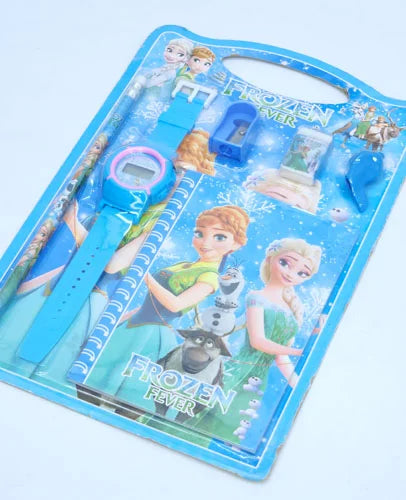 Frozen Fever themed watch and strap set packaging on a light blue background
