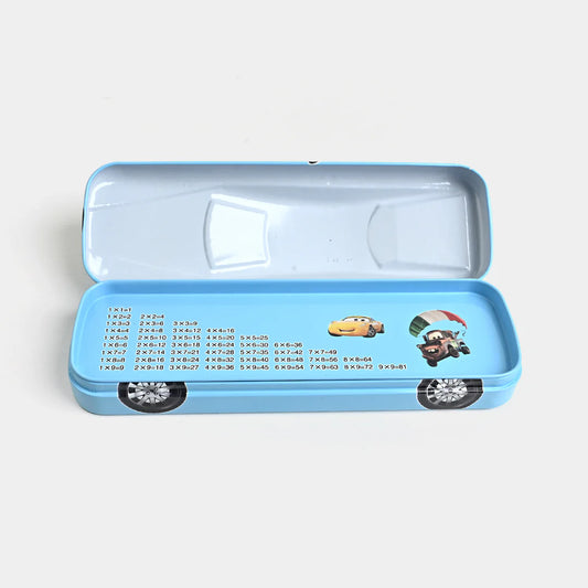 Blue pencil case with cartoon characters and mathematical equations on a white background