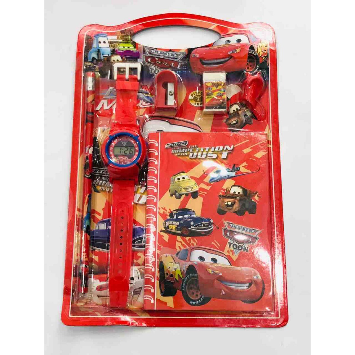 Red children's watch with Disney Cars theme packaging on a white background