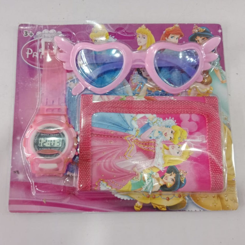 Pink digital watch with heart-shaped sunglasses and matching pouch on a white background