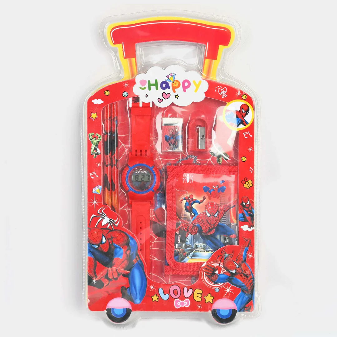 Packaged toy set with Spider-Man design on a white background