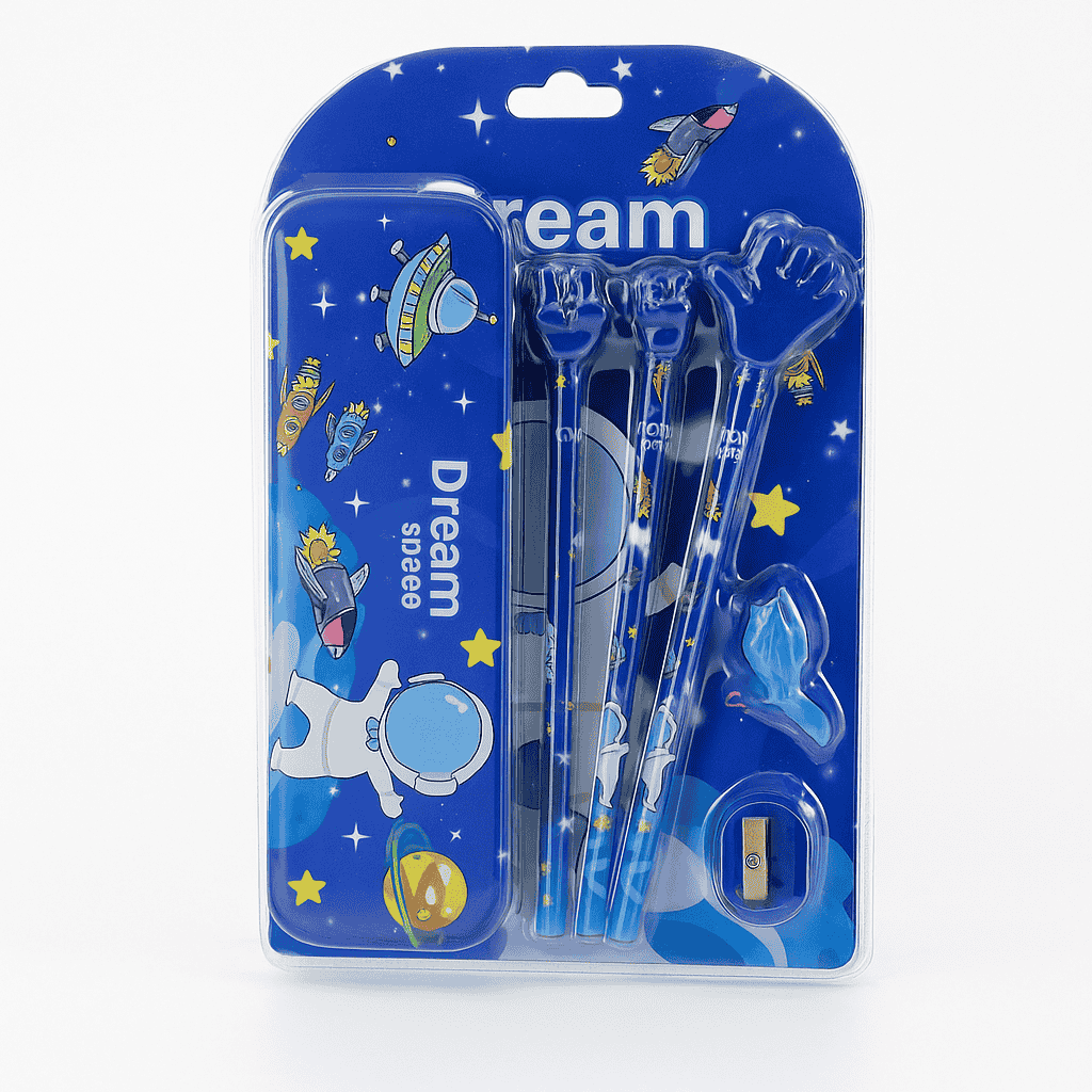 Packaged stationery set with space-themed design on a blue background