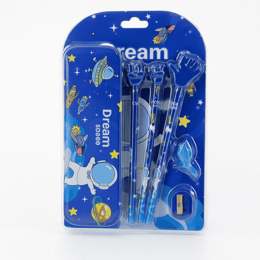 Packaged stationery set with space-themed design on a blue background