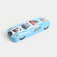 Blue pencil case with car design on a white background