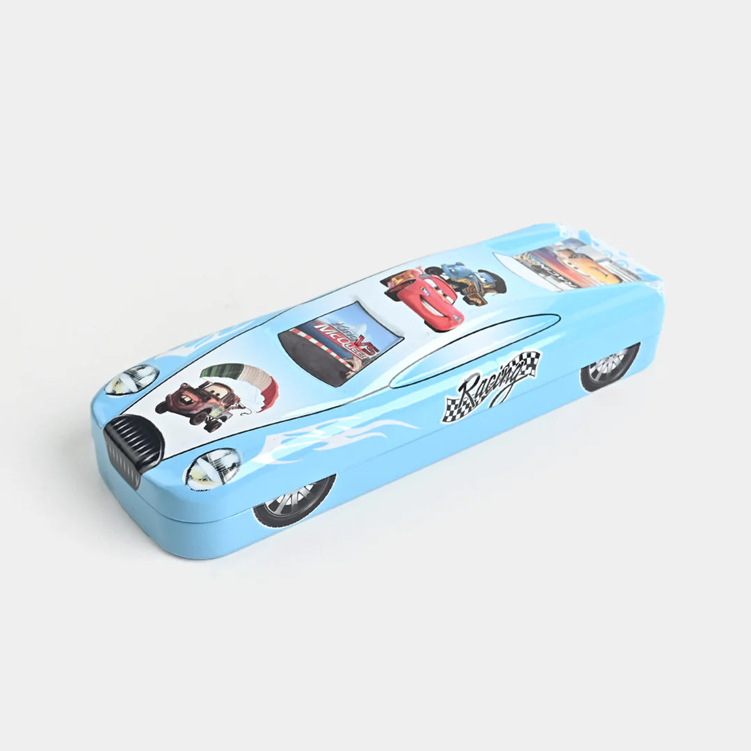 Blue pencil case with car design on a white background