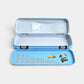 Blue pencil case with cartoon characters on a white background