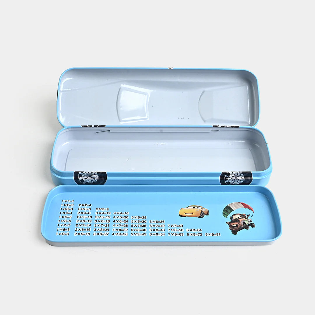 Blue pencil case with cartoon characters on a white background